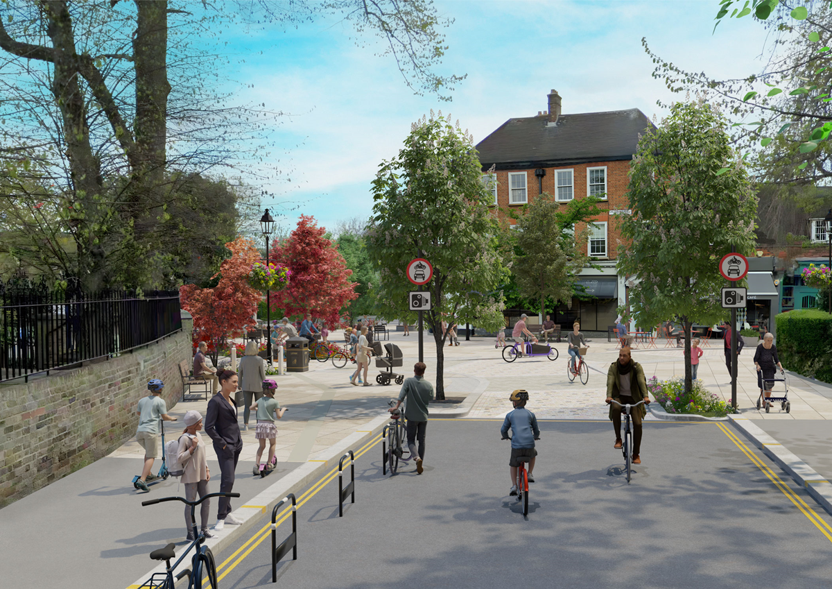 Artist drawing of Dulwich Village - pedestrians and bikers on broad pavement with shops and trees
